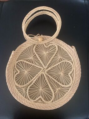 Handwoven Round Straw Tote Bag in Natural Beige